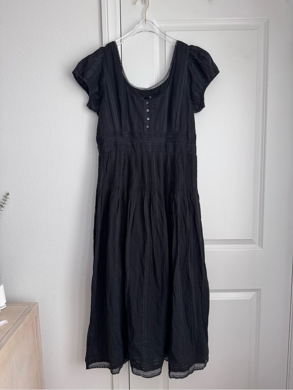 NWT J Crew Lace Trim Pintuck Midi Dress In Cotton Dobby In Black Size 14